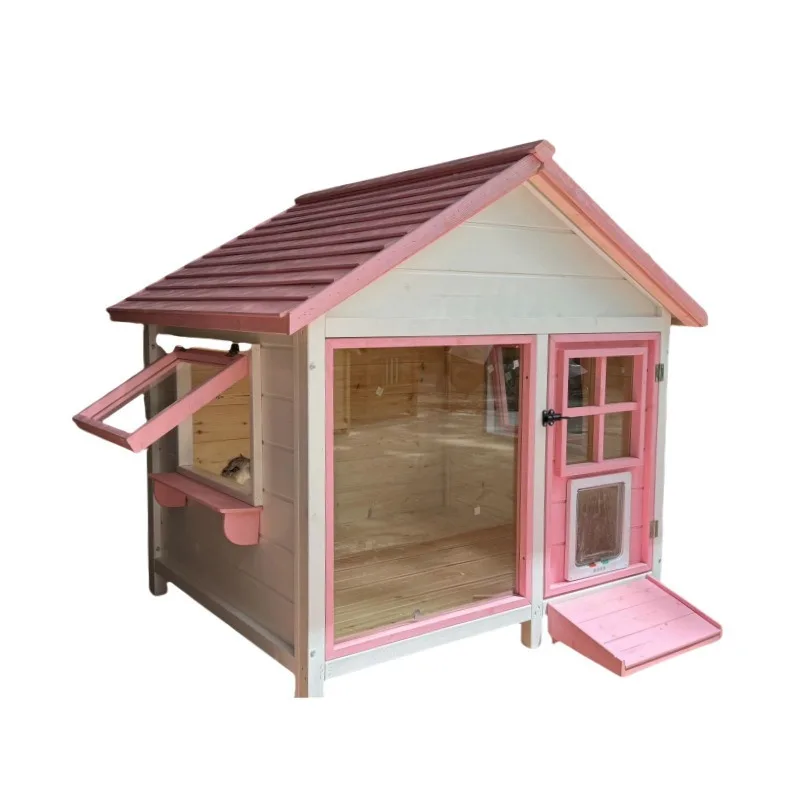 Outdoor glass solid wood sun pet wooden house, rain and sun protection wooden dog house, large dog pet villa