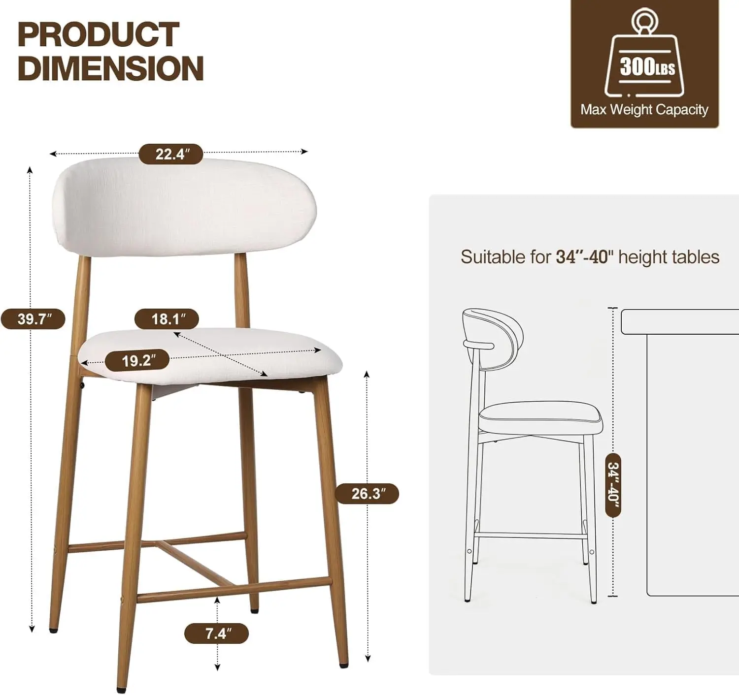 Bar Stools Set of 2, Counter Height Bar Stools Upholstered Counter Stools Modern Barstools with Metal Legs, Beige