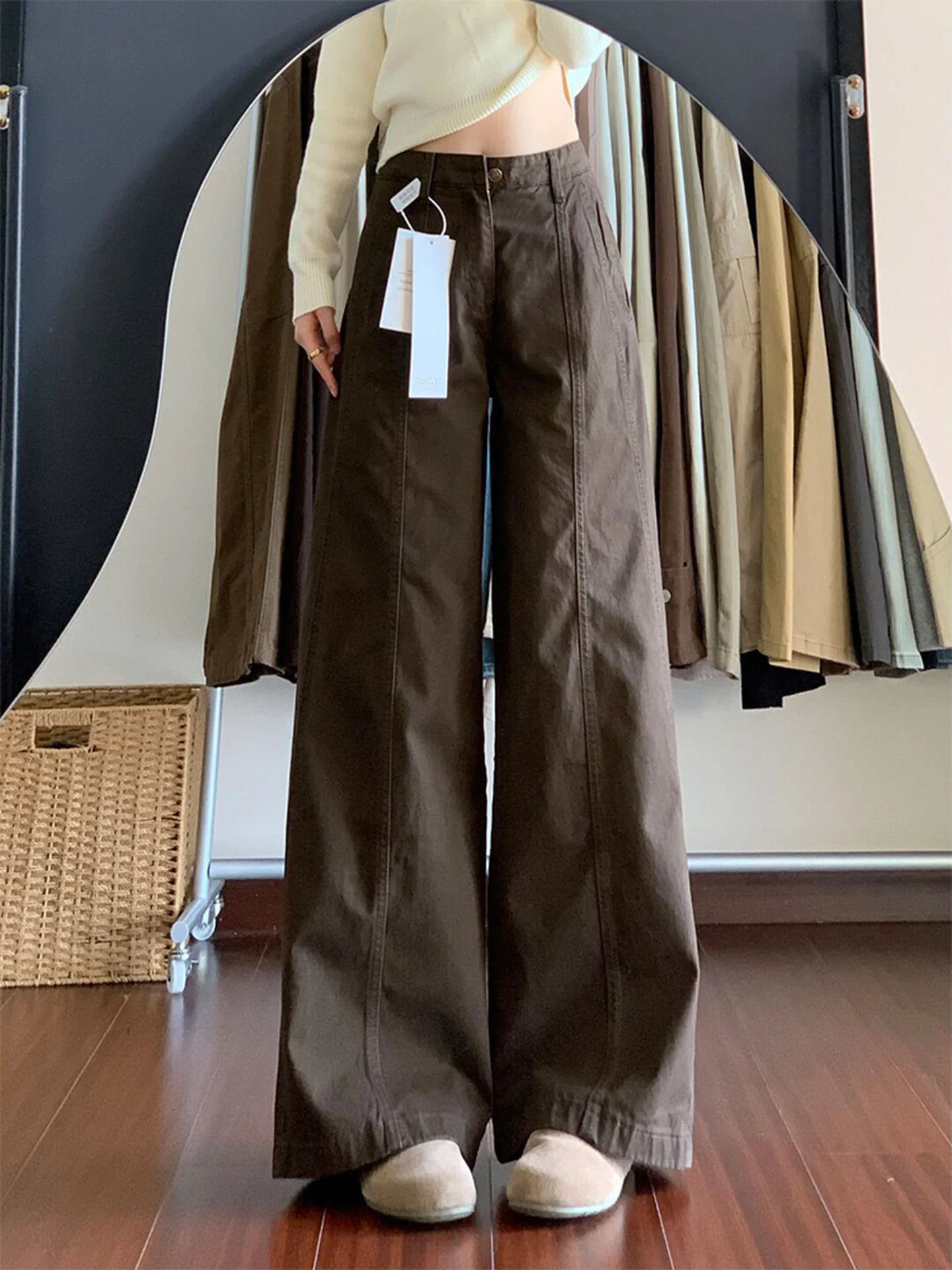 

Retro American High Waist Loose Brown Denim Pants Women Summer Spicy Girl Slimming Straight Wide Leg Trousers Casual Style