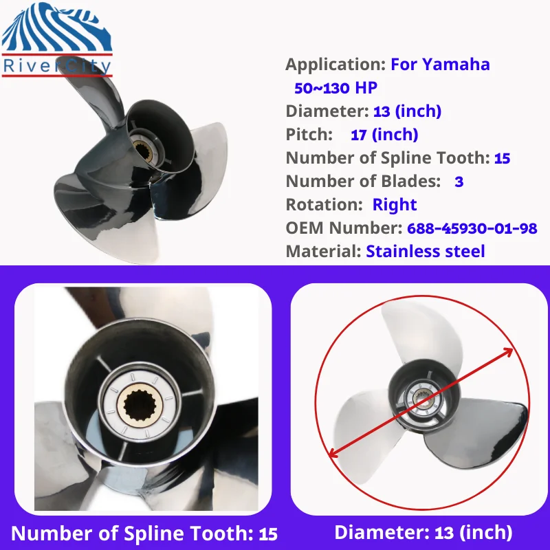 Boat Propeller For Yamaha 50hp 60hp 70hp 75hp 80hp 85hp Outboard Screw 13x17 Boat Motor Stainless Steel Propeller 3 Blade 15