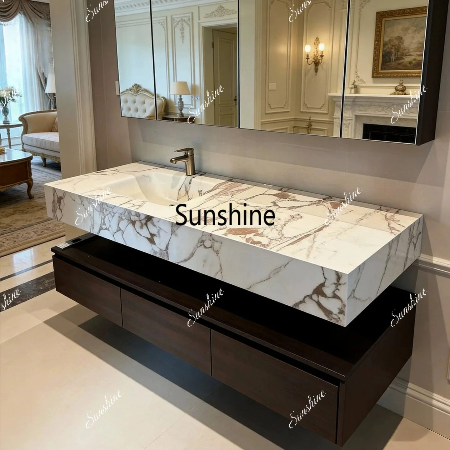 French light luxury rock slab hot bending integrated under-counter wash basin
