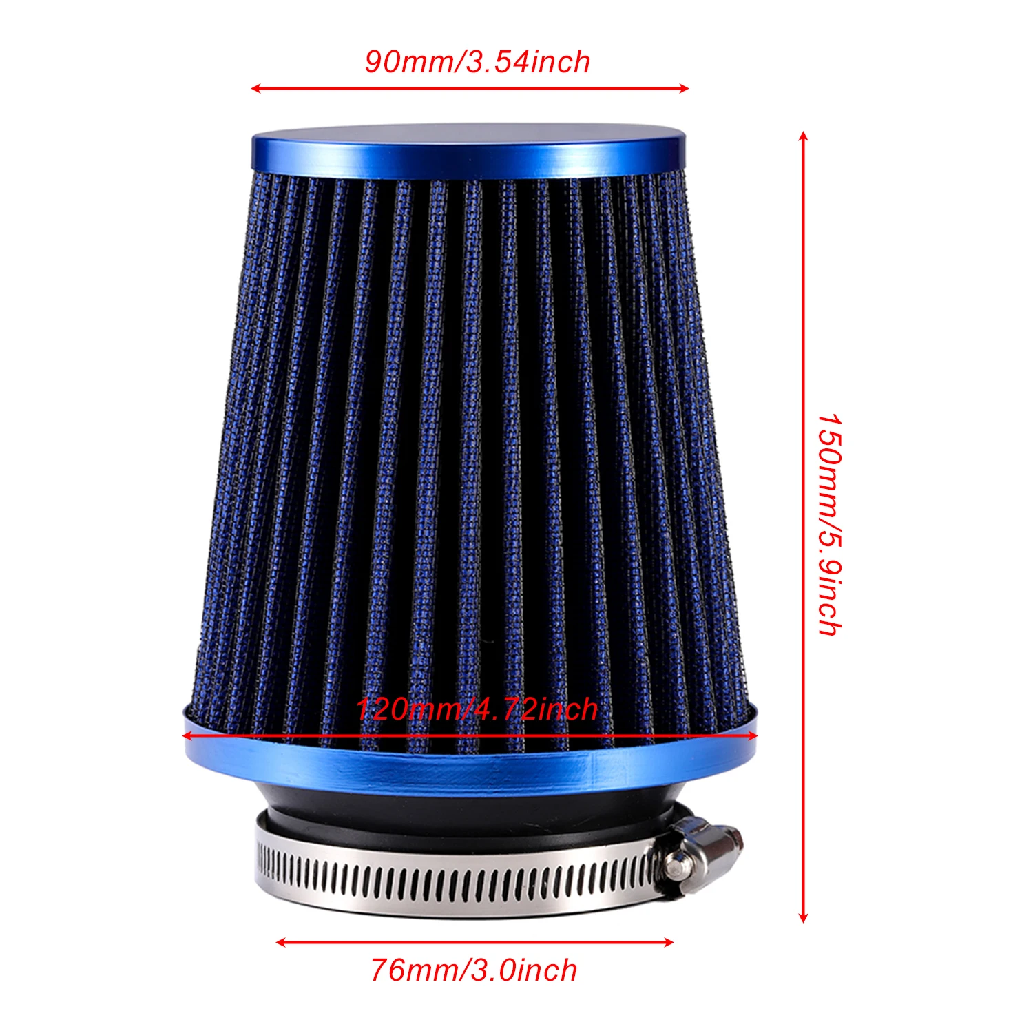 76mm Cone Air Filter for Car Engine Intake Pipe Universal Red Blue Sliver Carbon Washable 3.0'' High Flow Cold Air Intake Filter
