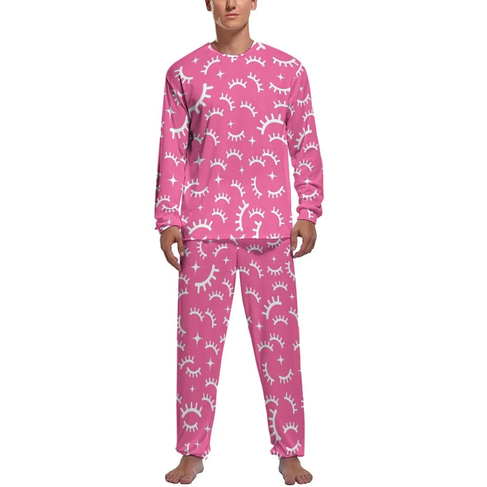 Pyjama deux pièces blanc et rose pour hommes, ensemble de pyjamas à manches longues, cils, vêtements de nuit, cadeau d'urgence, chambre 03Design