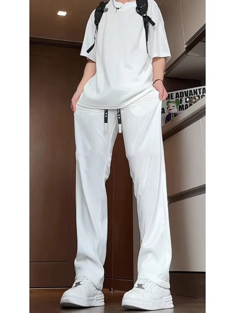 

Мужские летние повседневные брюки из ледяного шелка, свободные, в американском стиле, прямые, белые, с эффектом мятой ткани