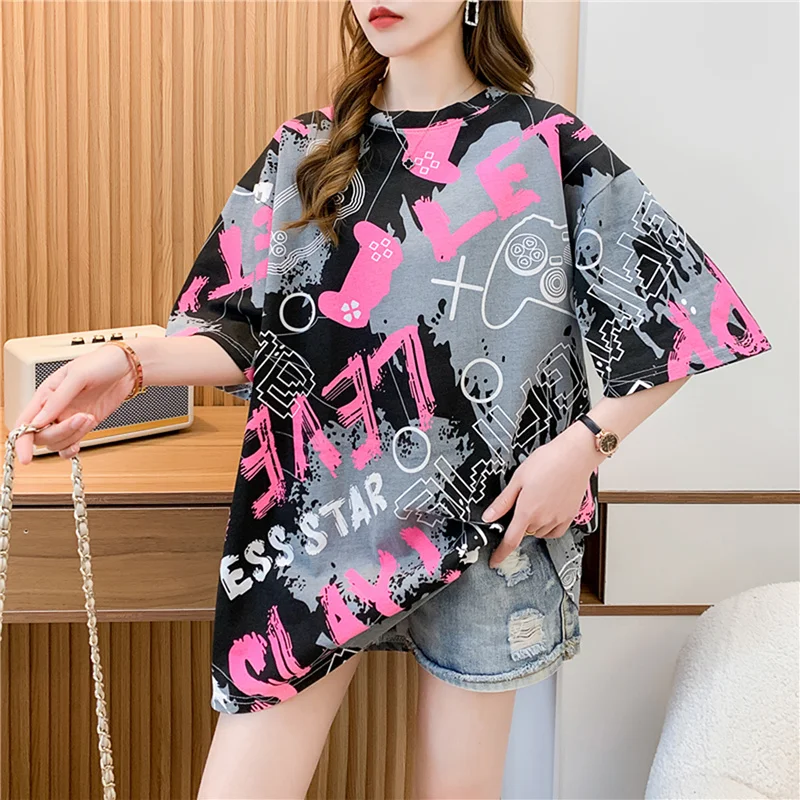 Loose Women\'s T-Shirt Short Sleeve Mid-Length plus Size 2024 New Summer Fashion Design Korean Style round Neck Polyester Blend