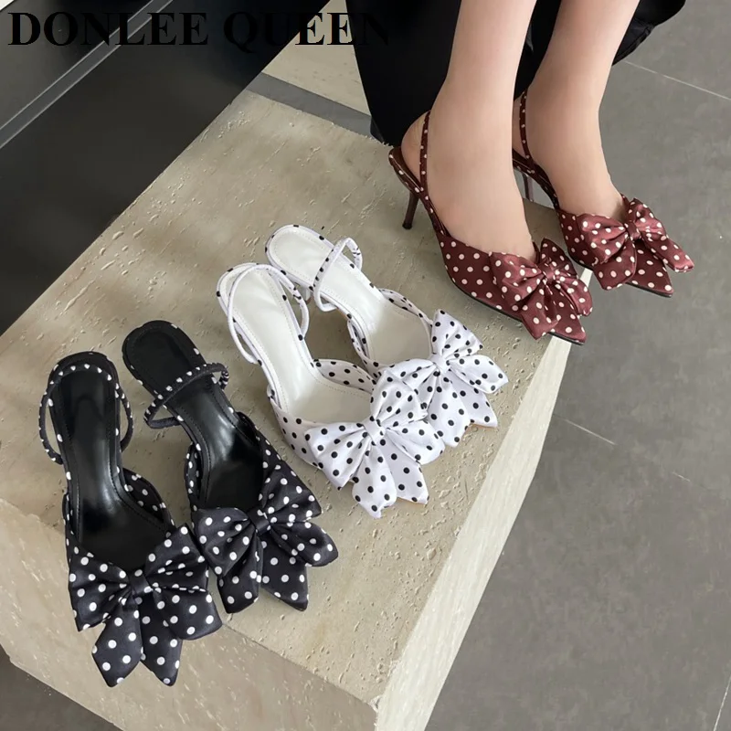 

Women Pointed Toe Polka Dot Knot Decorated High Heel Slip On Sandal Mule Faionable 2026 Spring New Arrival Pumps Big Size Sandal