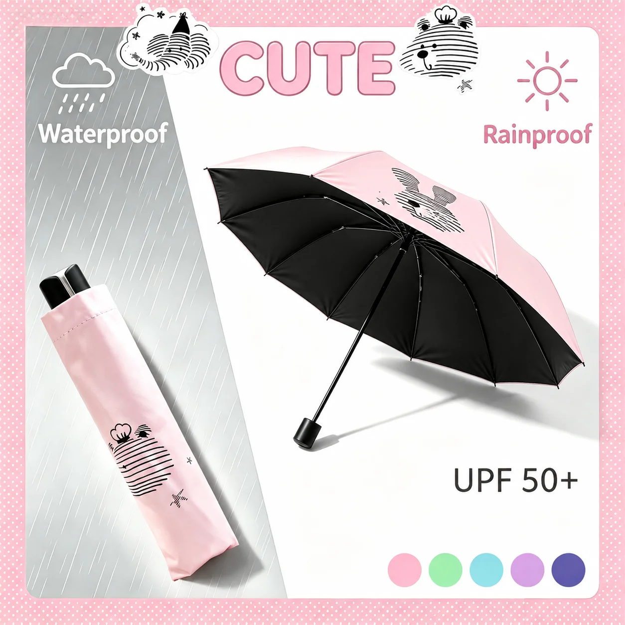 Reinforced Folding Rain Umbrella Windproof Strong, UV Protection Sun Shade Waterproof Sturdy, Women's Cute Parasol Home Entrance