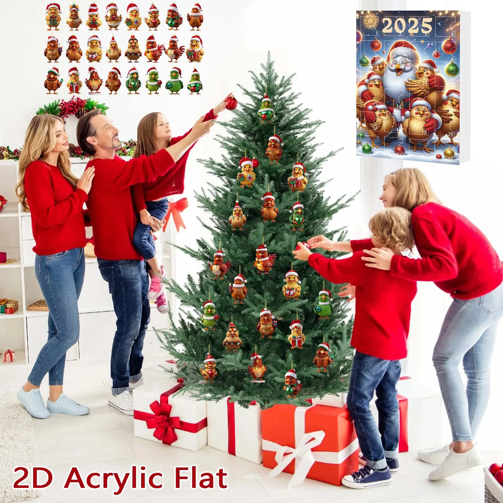 2025 Christmas Countdown Calendar Blind Box Chicken Acrylic Hanging Ornaments Christmas Tree Decoration Festive Party Supplies