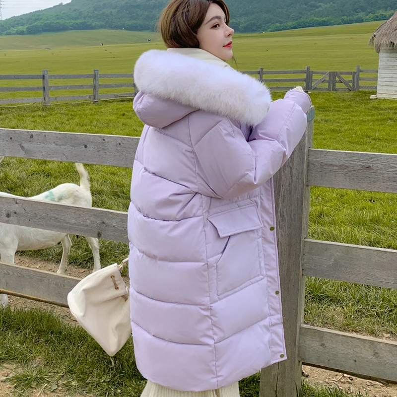 Korean Purple Warm Down Clothes Straight Hooded Coat Fashion Harajuku Baggy Comfortable Long Ladies Puffer Padded Outwear Winter