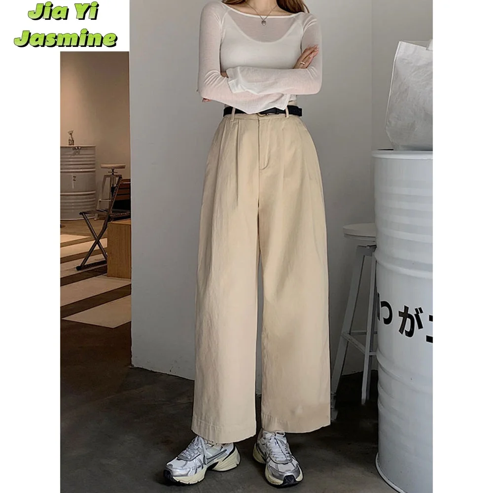 2024 Spring New Retro Wide Leg Casual Pants Korean Edition High Waist Slimming Design Feeling Straight Cropped Pants Trendy