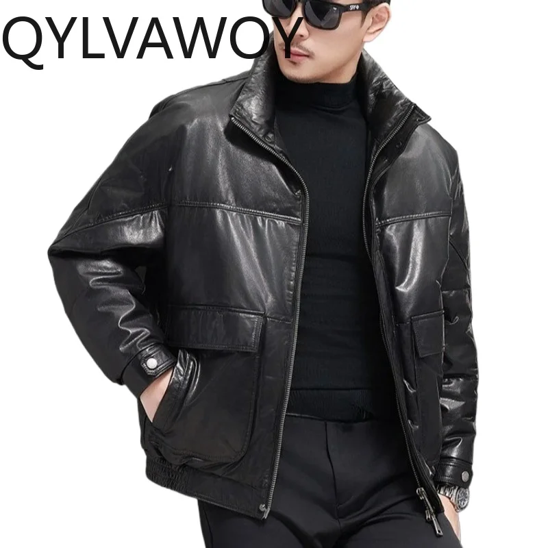 QYLVAWOY Top Layer Cowhide Real Leather Down Coats for Man High Quality Warm Winter 100% Genuine Leather Jacket Mens Outerwear