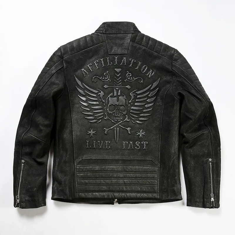Motorcycle leather men's stand-up collar double swords skull seal layer matte cowhide