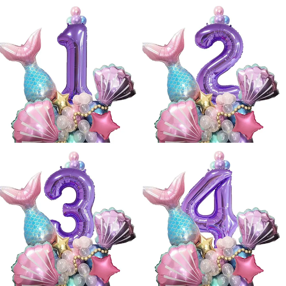 33PCS Mermaid Balloon Number Set Balloon Column Set Mermaid Theme Shell Children’s Birthday Party Celebration Scene Layout