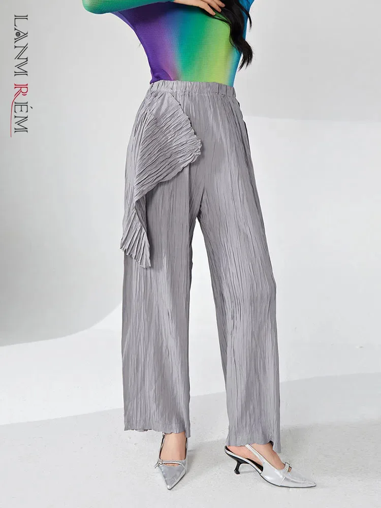 

LANMREM Irregular Pleated Pants Women Summer Drape Long Trousers With Elastic Waistband Loose Style Wide Leg Solid Color 2DA7900