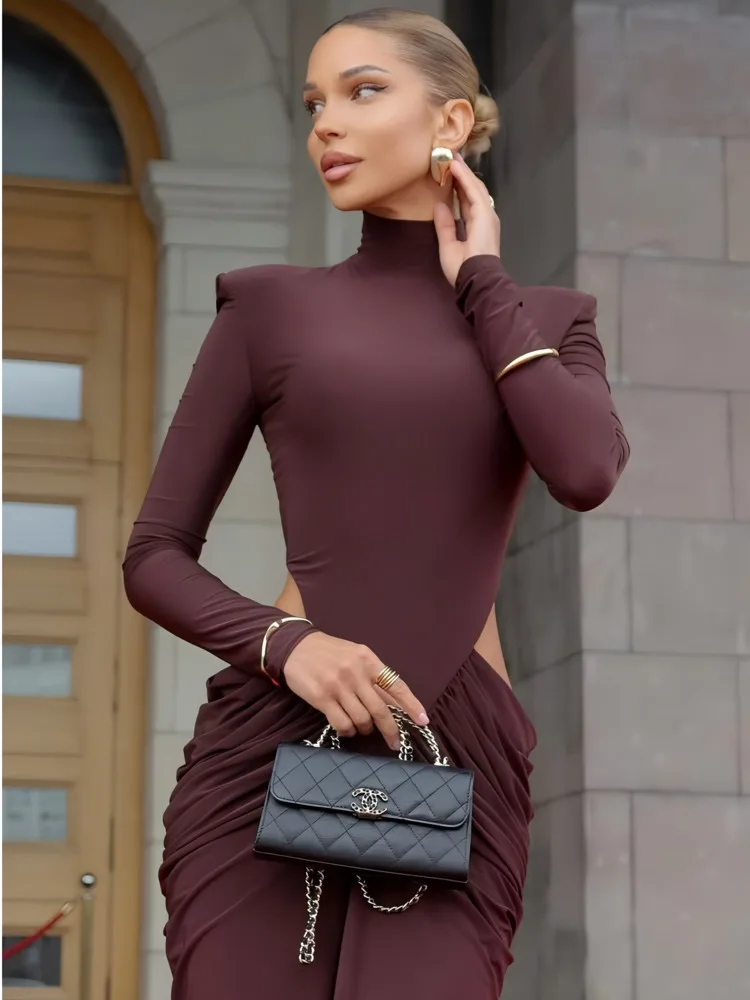 Articat elegante manga longa oco para fora elástico apertado vestido longo feminino sexy magro festa clube vestido de noite outono novo vestidos2025