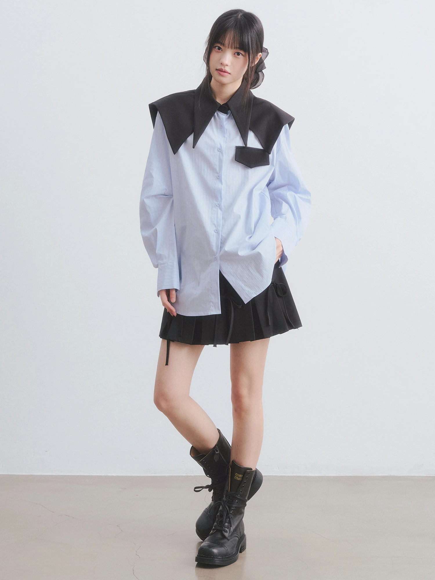 

Dirl Long Sve Loose Fit irt with Pleated Collar And Color Blo Design Striped Asymmetrical Navy Collar Casual Women's...