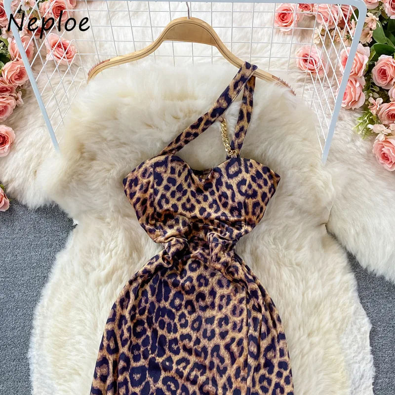 Neploe Hepburn Style Temperament Femme Robe Sexy Leopard Print Suspenders Dress Backless Slit Hip Package Long Sling Vestidos