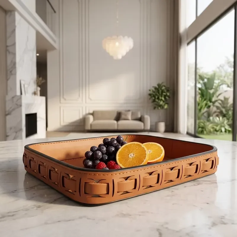 Luxury woven leather decorative tray, rectangular storage tray, suitable for villa hotel project engineering fruit display