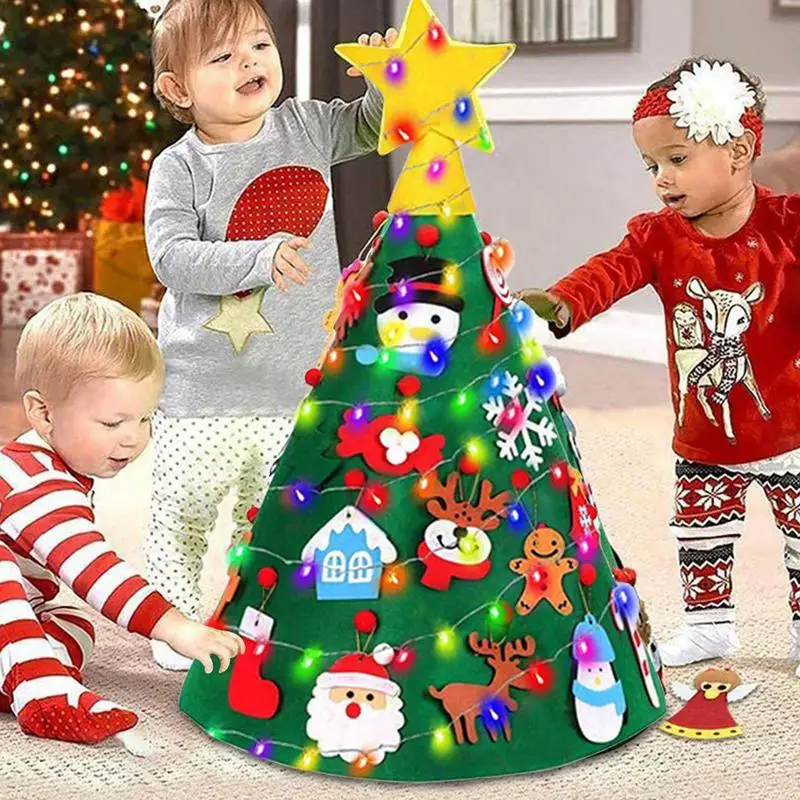 3D Felt Christmas Tree With LED String Light 2.29ft Christmas Tree Set With 16pcs Detachable Ornaments Christmas Party Props