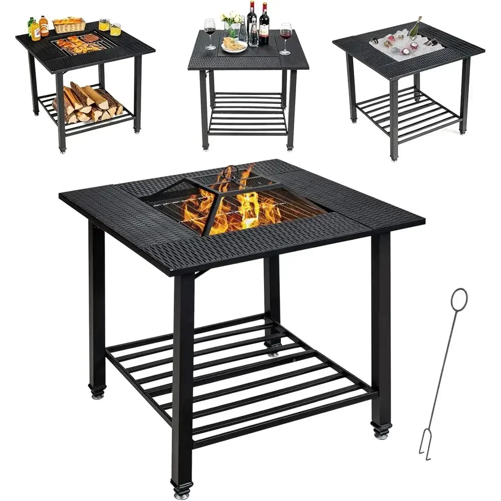 Multifunctional Outdoor Square Fire Pit with Mesh Cover, Removable Lid, Cooking and Log Grates, Ideal for Patio, Garden, or Pool