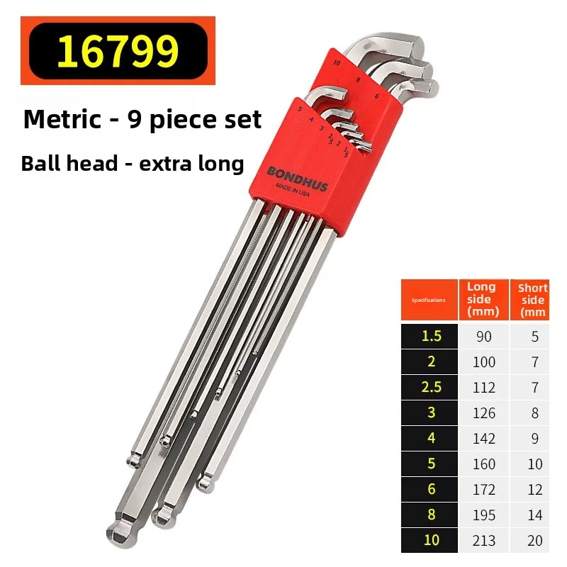 BONDHUS USA Short Head Extended Ball End Single Hex Key Wrench Ultra Short Tail Hex Key 16599 For Precision Mechanical Repair