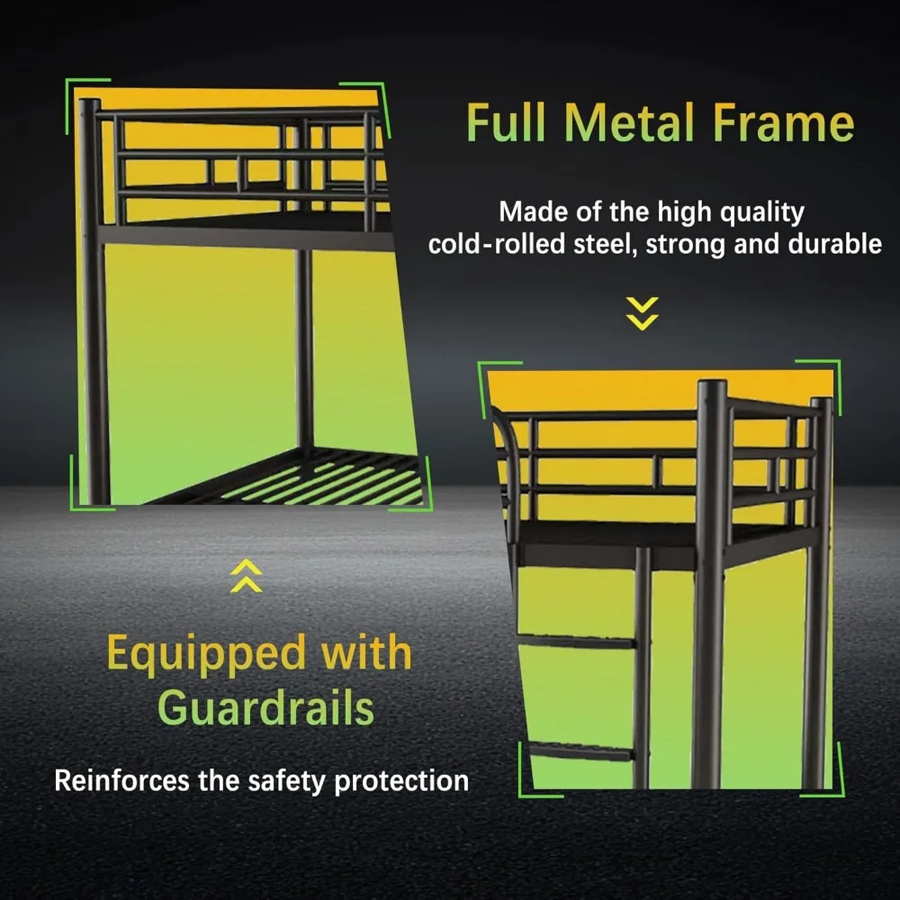 أسرة مزدوجة بطابقين كاملة مع سلم عريض قابل للفصل، ودرابزين كاملة الطول، وتصميم هادئ لحلول النوم ذات الإطار المنخفض