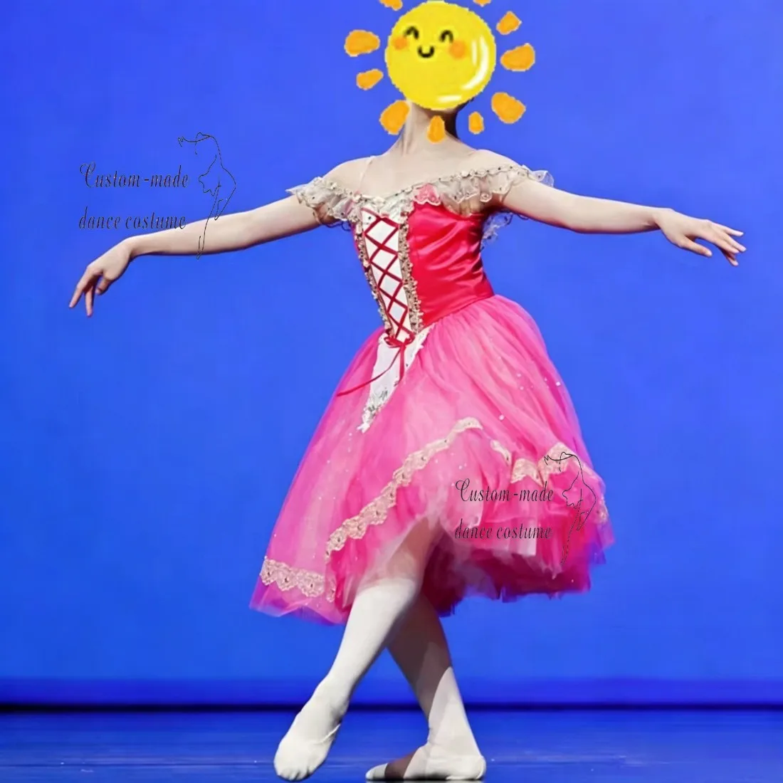 Traje de ballet personalizado La Fille Mal Gardée, tutú campesino romántico con falda de tul rosa, mangas de encaje con hombros descubiertos y corsé rojo
