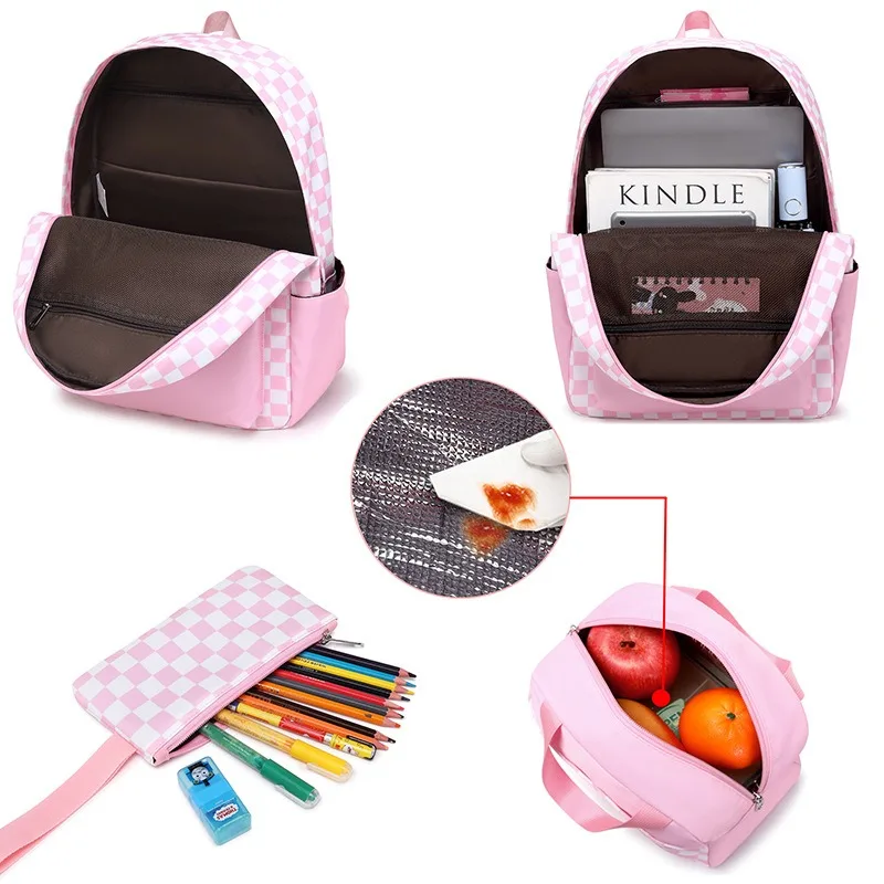 High Quality Junior Schoolbag For Girls Waterproof School Backpack Three-piece Elementary Simple Plaid Large Capacity Backpack