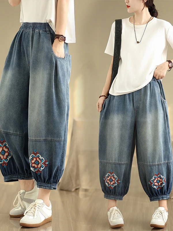 

Retro Waed Embroidered Casual High Waist Patchwork Design Lantern Leggings Women's Denim Jeans Vintage Sle Summer Cotton ...
