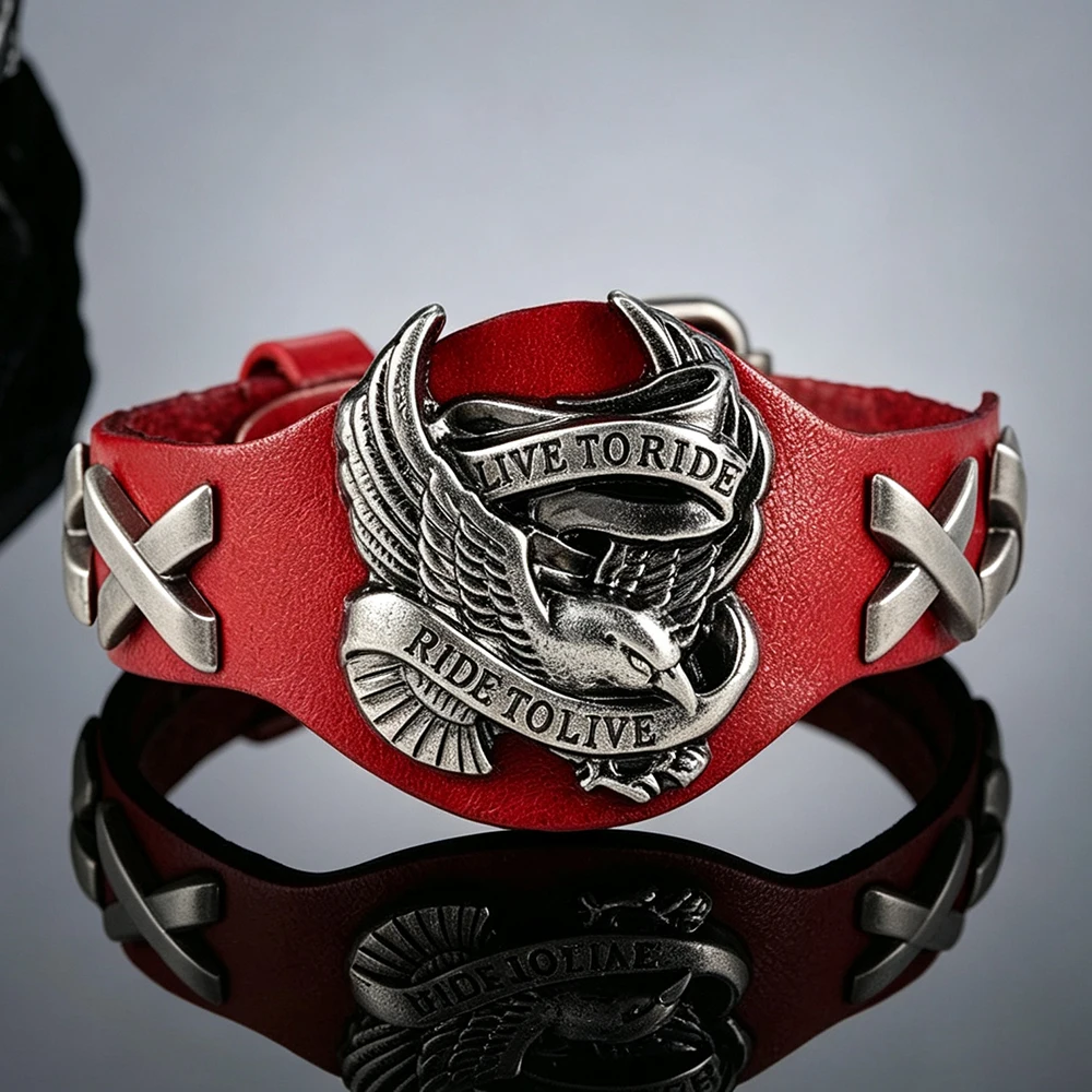 Herren Echtleder-Armband Punk Biker Adler Zinklegierung Armband Vintage Handgefertigt Verstellbare Schnalle Männlicher Motorrad-Schmuck – Detail 5