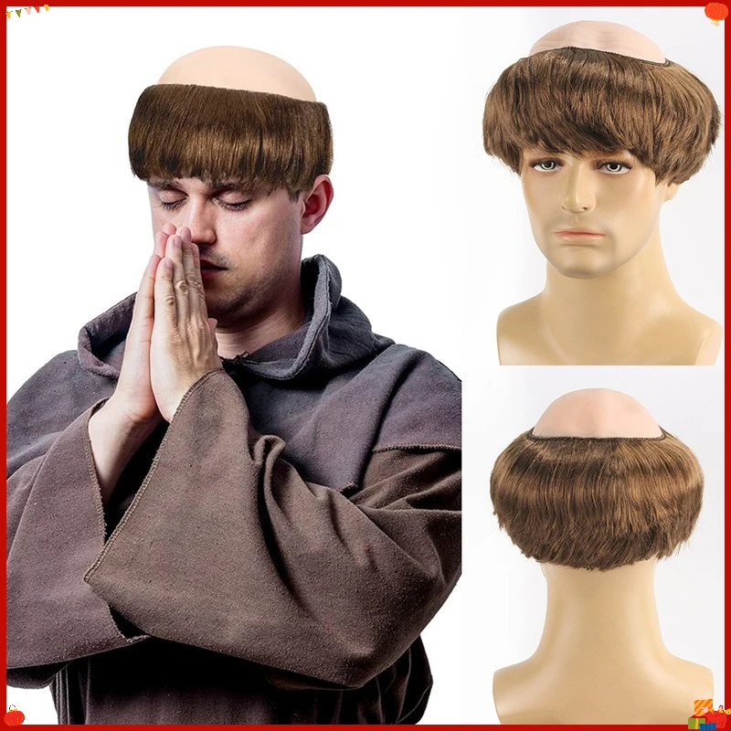 Synthetic Bald Monk Wig Brown Cap Halloween Costume Cosplay Wigs for Kids Adults Priest Roleplay Party