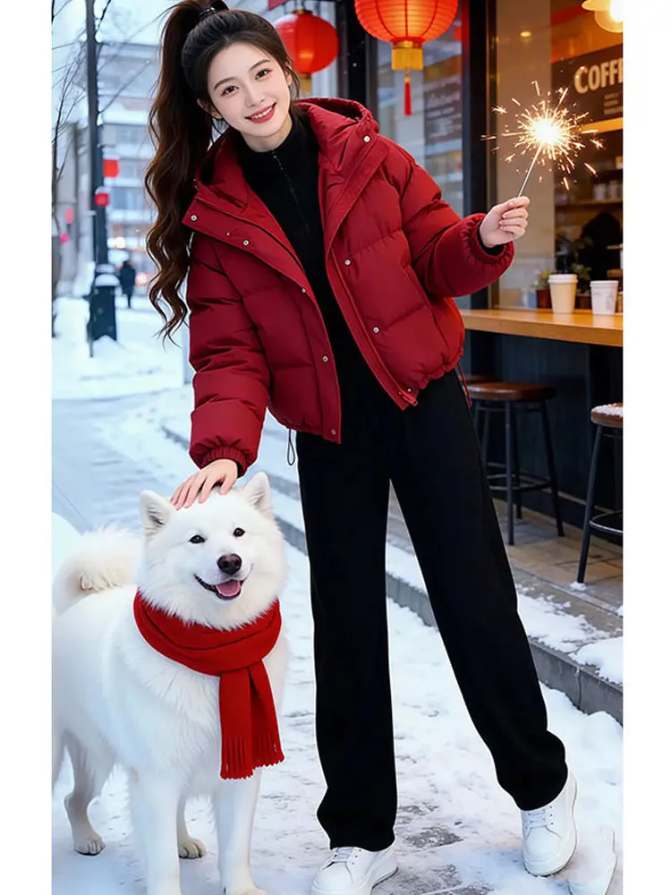 

Red Thiened Cotton Jaet for Women 2026 Winter New Sle Small Size Warmth Commute Cotton Coat Chinese Zodiac Year