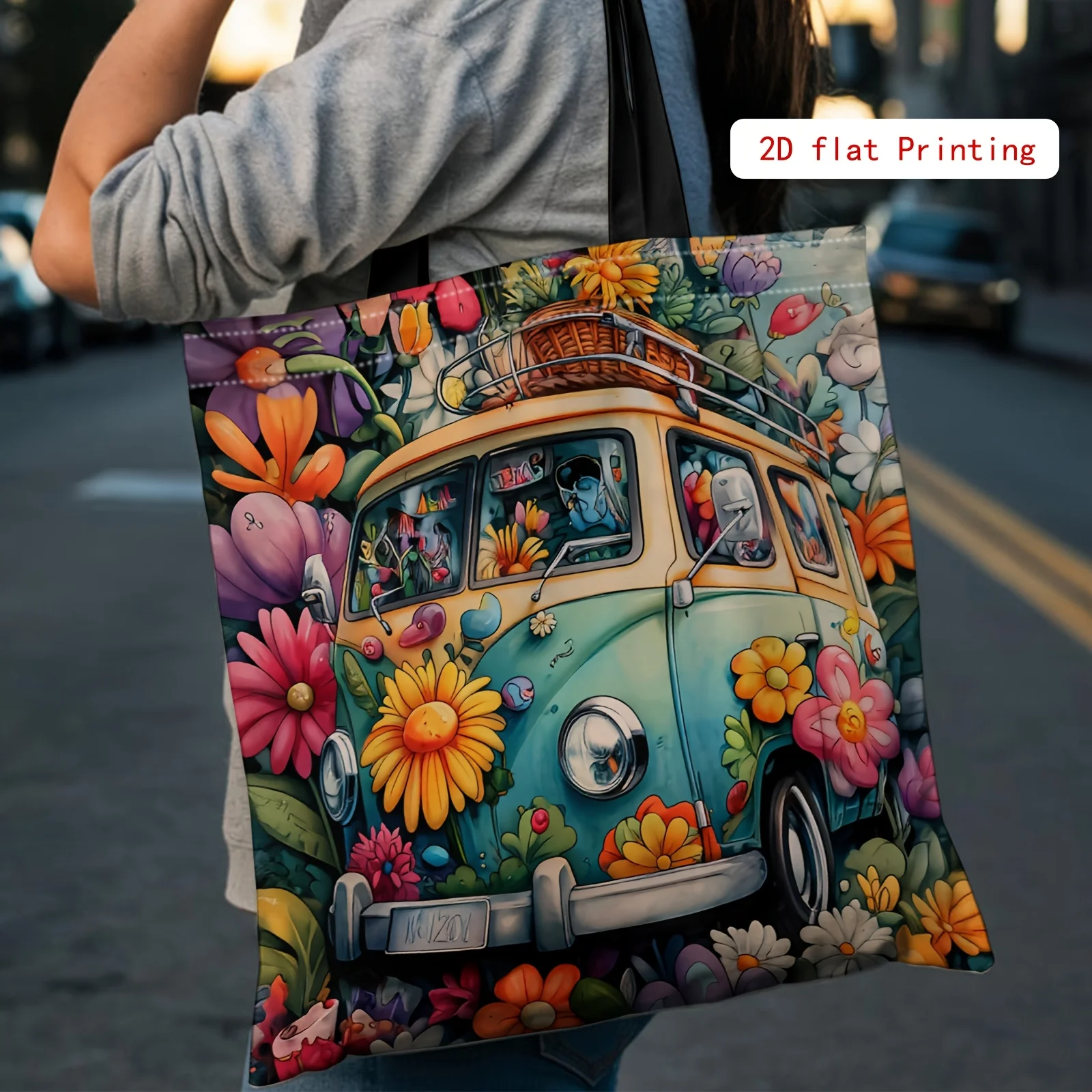 Christmas Gift, 2D Printed Tote Bag, Hippie Style, Floral Garden, Reusable Shopping Bag, Women'S Shoulder Bag