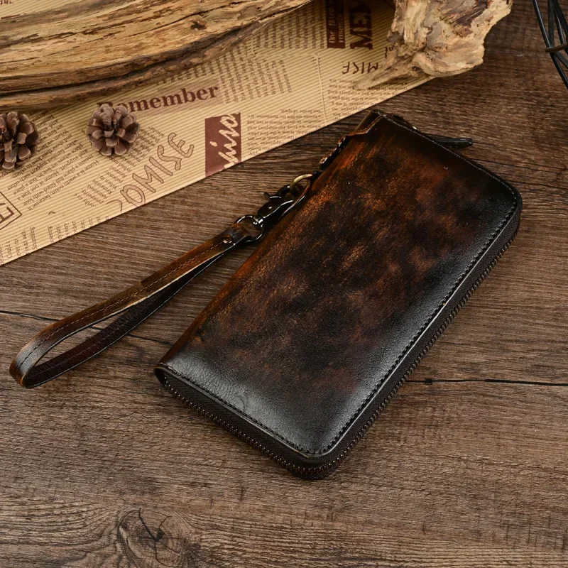 Vintage Men's Leather Clutch Zipper Wallet for Casual Card and Coin