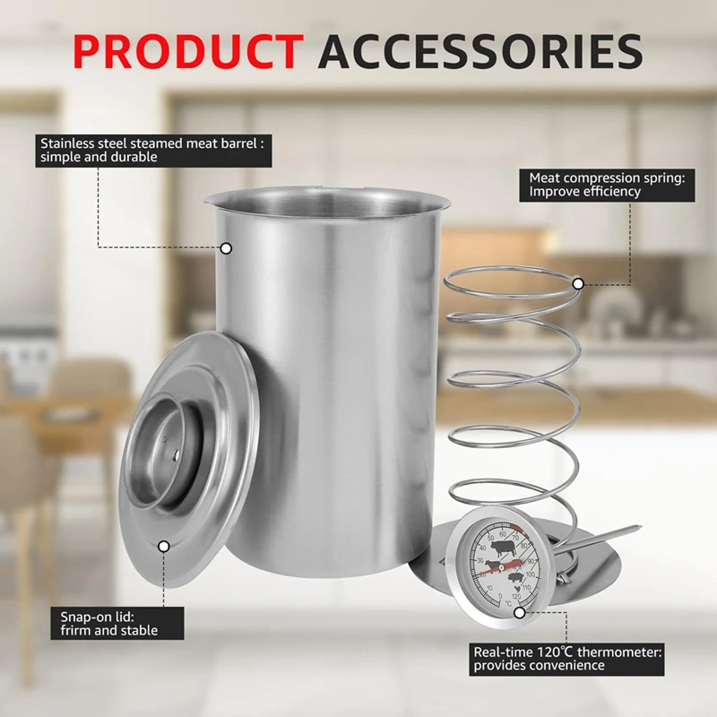 ●Stainless Steel Meat Meat, Large Capacity Ham Maker with Thermometer, Round Shape Meat Mold-ABFB