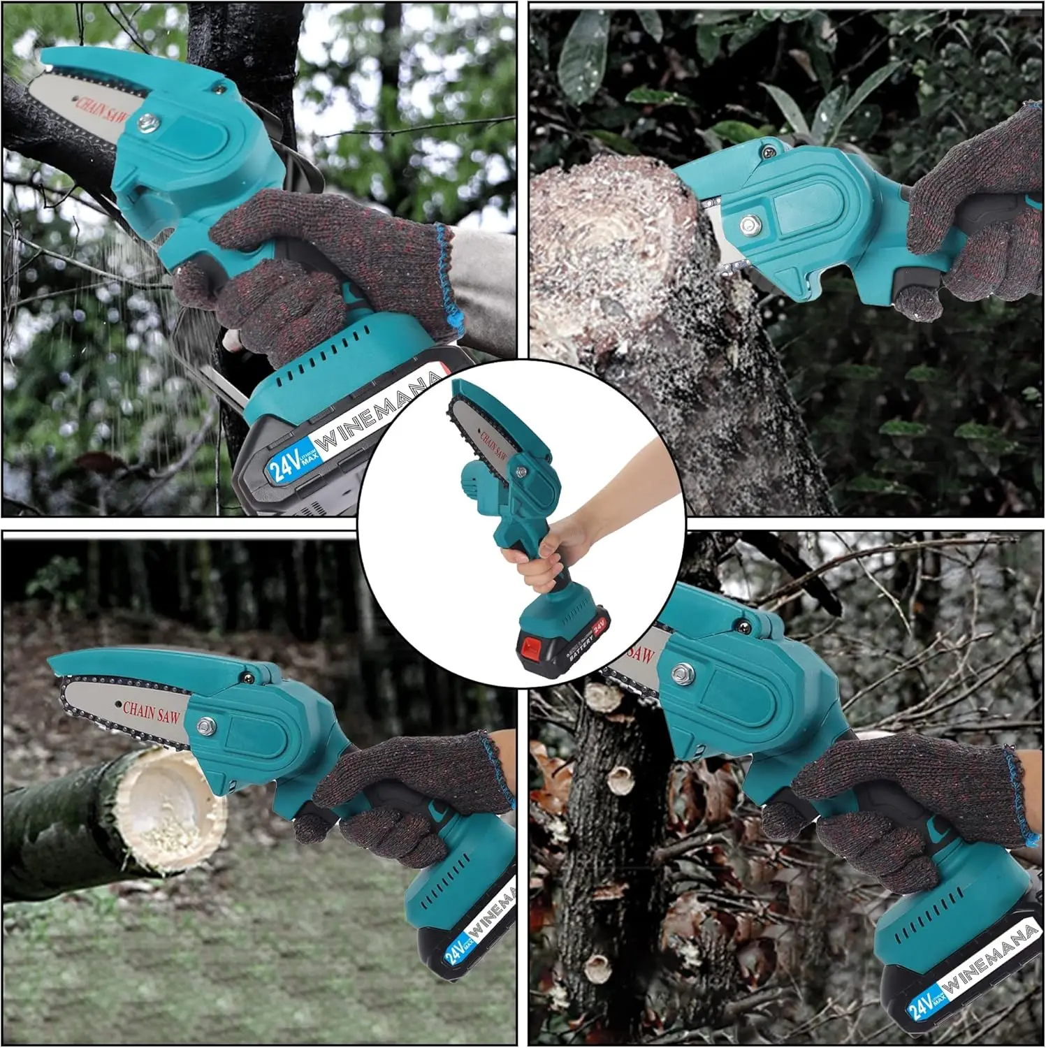 Winemana Mini Chainsaw 4 & 6 Inch With 2 Battery, Cordless Battery Powered Electric Chainsaw, Powerful Handheld Small Chain