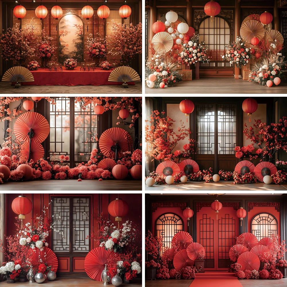 Chinese Style Classical Red Stage Photography Background Spring Flower Ancient Pavilion Building Wedding Lantern Backdrop Photo