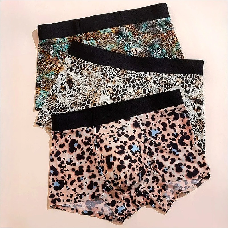 3Pcs Sexy Mens Underwear Leopard Silky Boxershorts Men Shorts U Convex Pouch Youth Panties Male Swimming Trunks Трусы Мужские