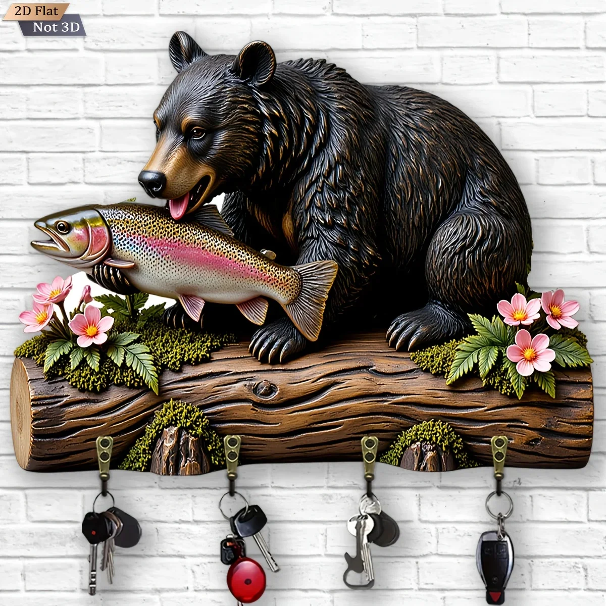 2D Flat, 1pc, Bear Fishing Theme Style Key Hook Wooden Multifunctional Home Key Holder with Four Metal Hooks, Wall Decoration,