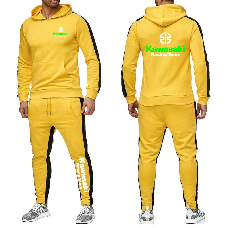 Spring Autumn Man Two-piece Set Solid Color Sets Kawasaki Motorcycle Racing Logo Print Cool Hoodies+Sports Pants Fashion Suits