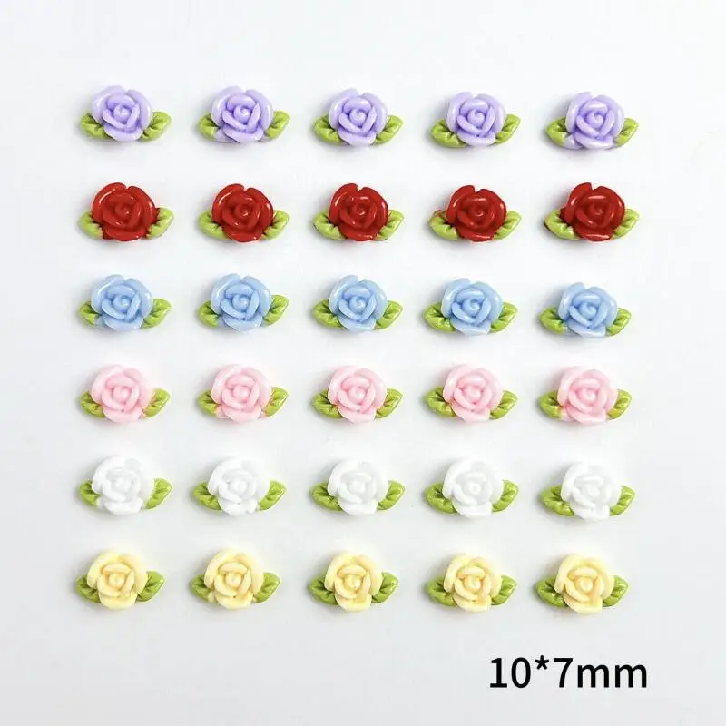 30PCS Resin Rose Nail Art Decorations Minimalist Luminous Flower Green Leaf Nail Charms Manicure DIY Charm Crafts