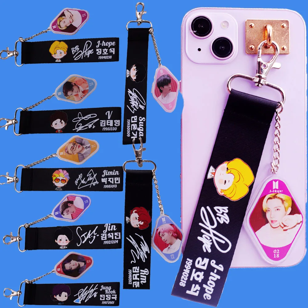 BTS Cartoon Print Wrist Lanyard Acrylic Photo Tag Handbag Decor Strap Fans Souvenir Present