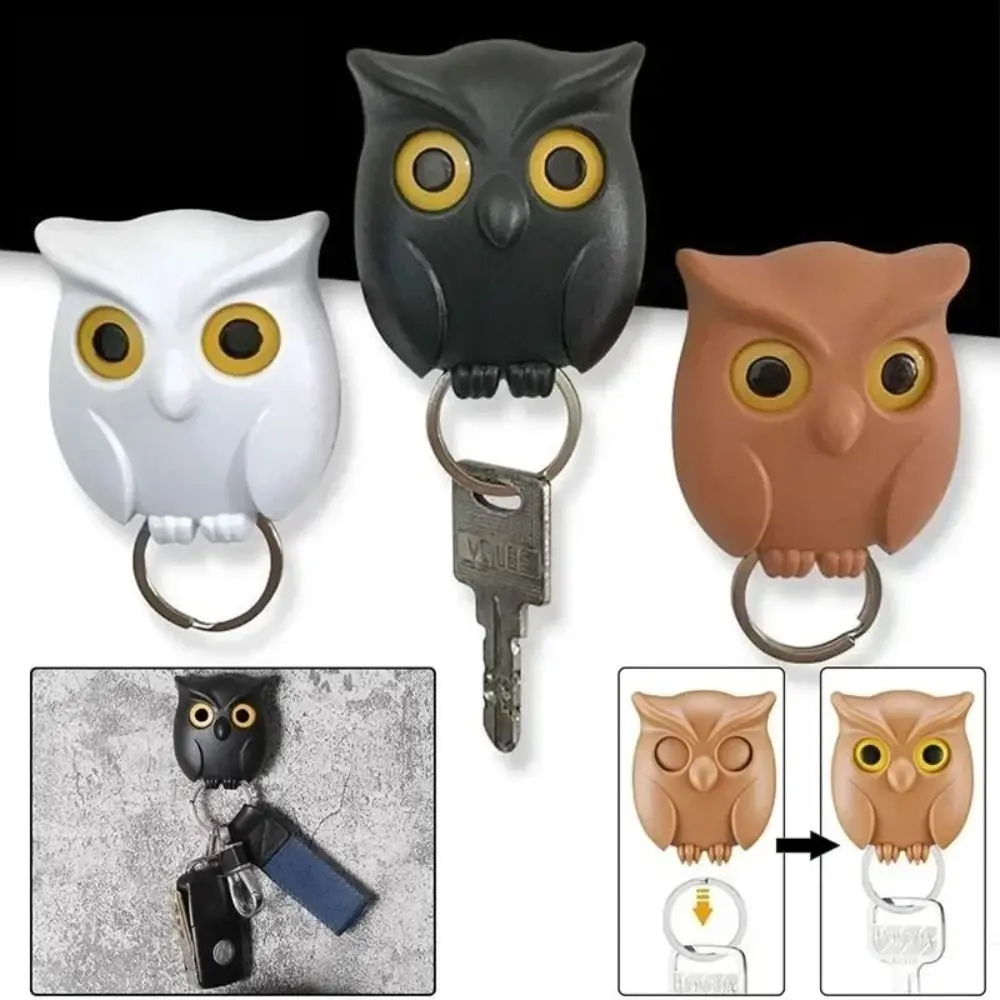 Cartoon Wall Mounted Owl Key Hook Magnetic Self-adhesive Keychain Organizer Hooks Will Open Eyes Hanging Rack Home Decoration