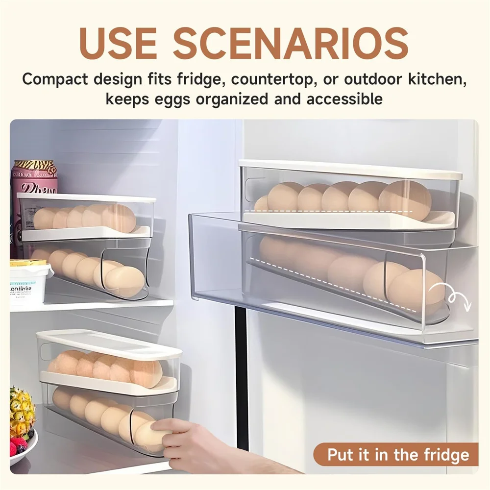 Automatic rolling refrigerator egg organizer, space saving refrigerator egg dispenser, home egg rack