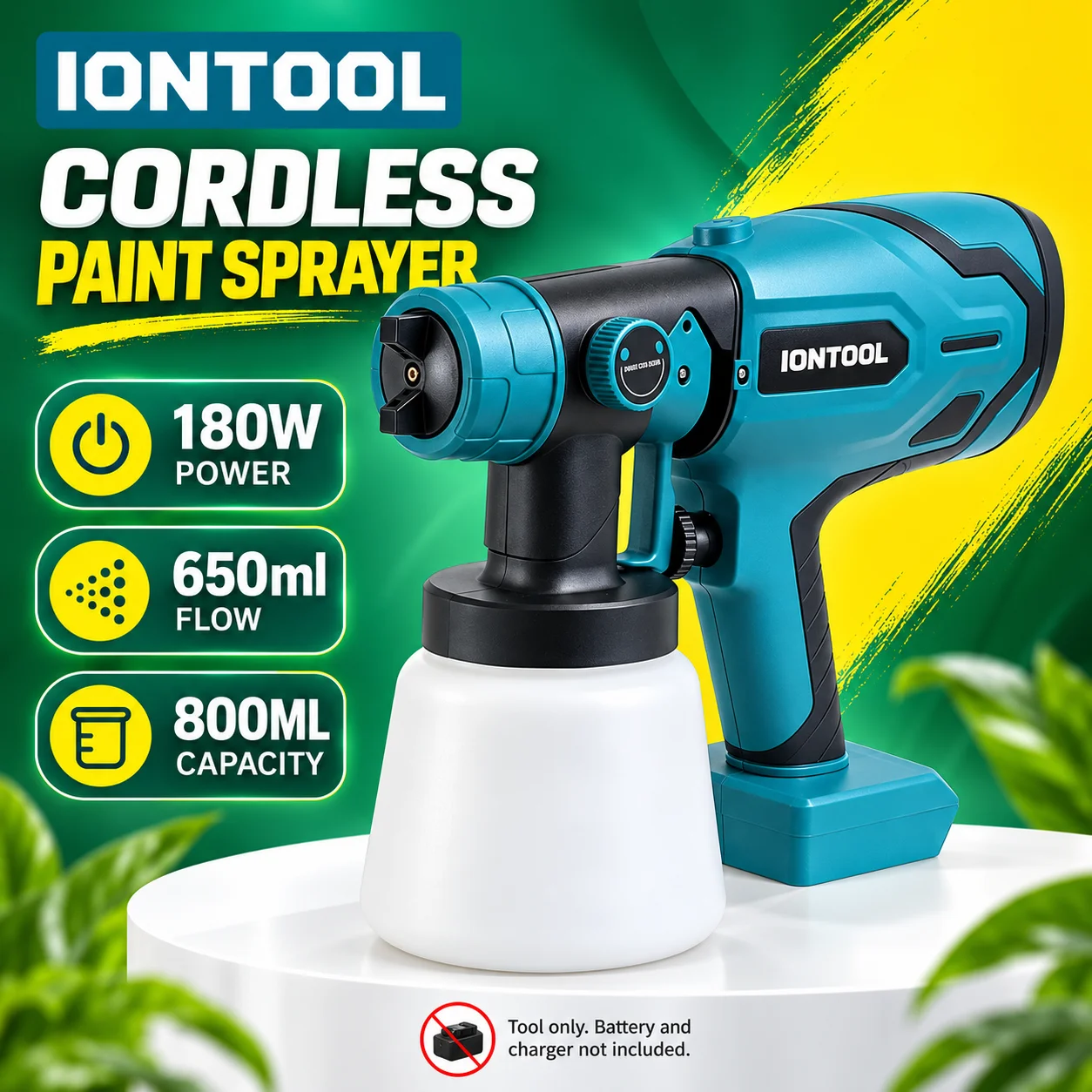 iontool-180w-軽量コードレススプレーガン。お手入れが簡単で、クラフトペイントや精密な塗装作業に最適。ワークショップ用ユニット。
