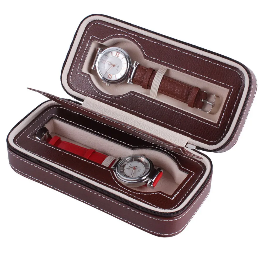 Two Compartment Zippered Watch Box Organizer Case for Travel Home Use Shop Display Gift Simple Elegant Portable Wristwatch