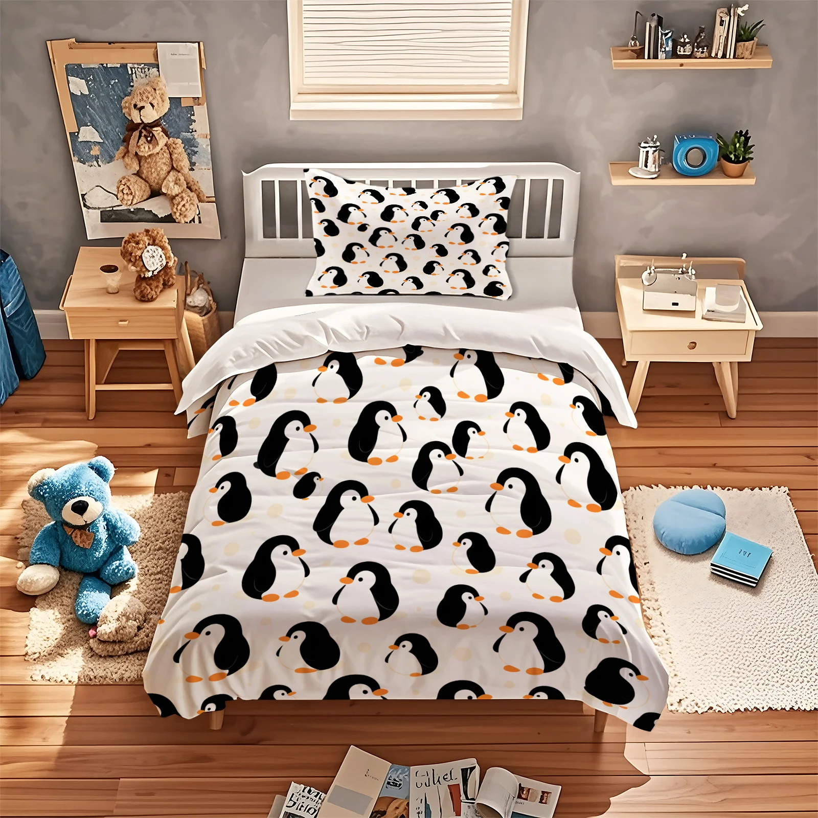 Cute Penguin Duvet Cover Set Cartoon Animal Pattern Bedding Set Soft Microfiber Quilt Cover With Pillowcase Home Bedroom Decor