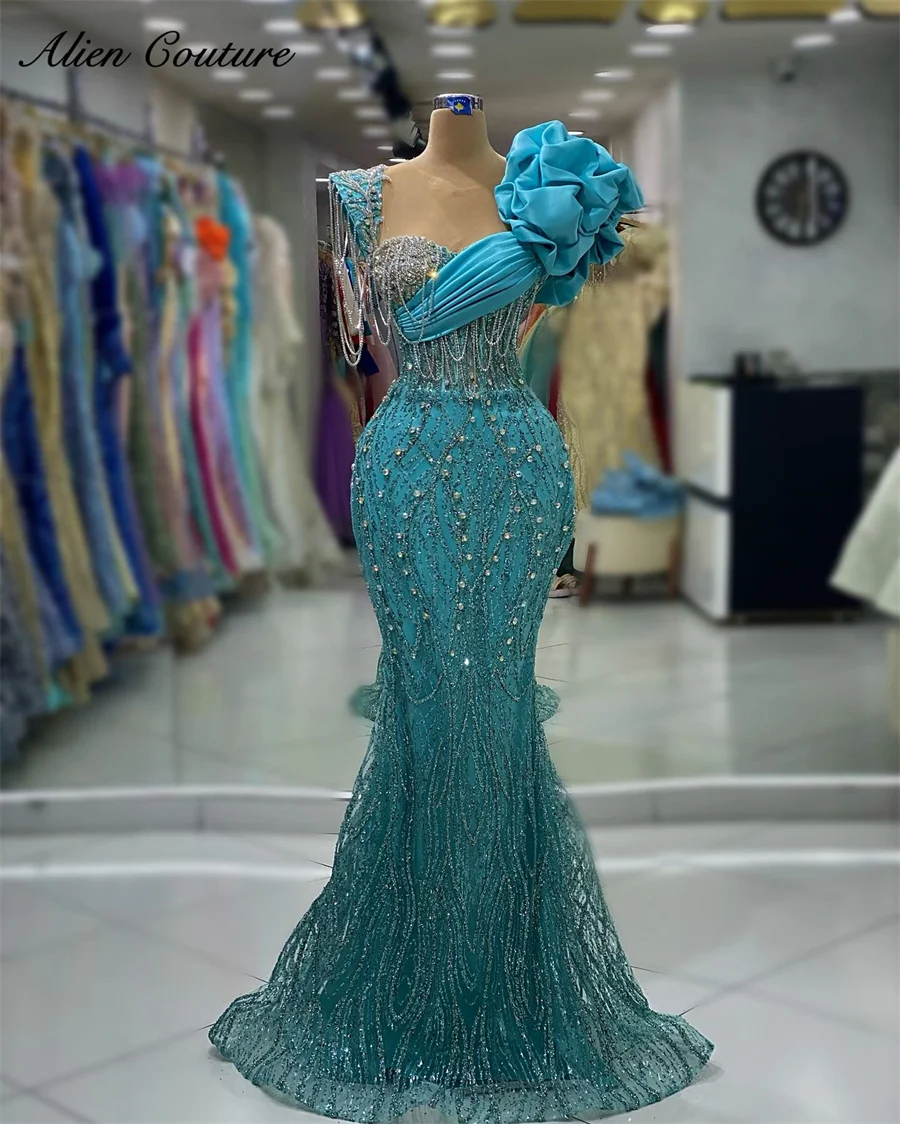Sparkly Green Mermaid Dubai Evening Dresses Prom Gown Diamonds Beading Birthday Party Dress Vestidos De Noche Customized