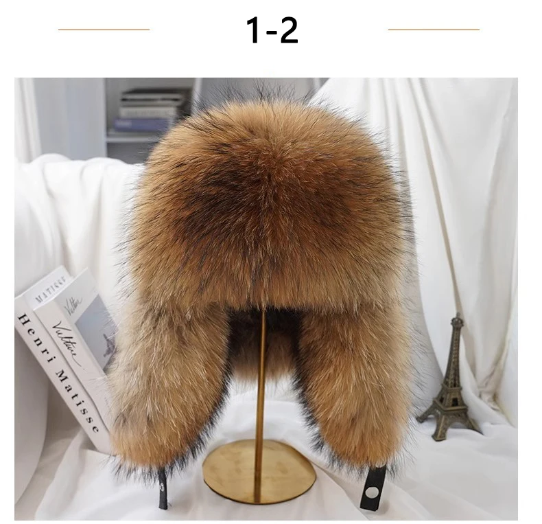Winter 100% Echtes Silberfuchsfell Bombermütze Waschbärpelz Mütze Neue Herren-Ushanka Trapper Russische Herren-Skimütze Echte Lederkappen – Detail 5