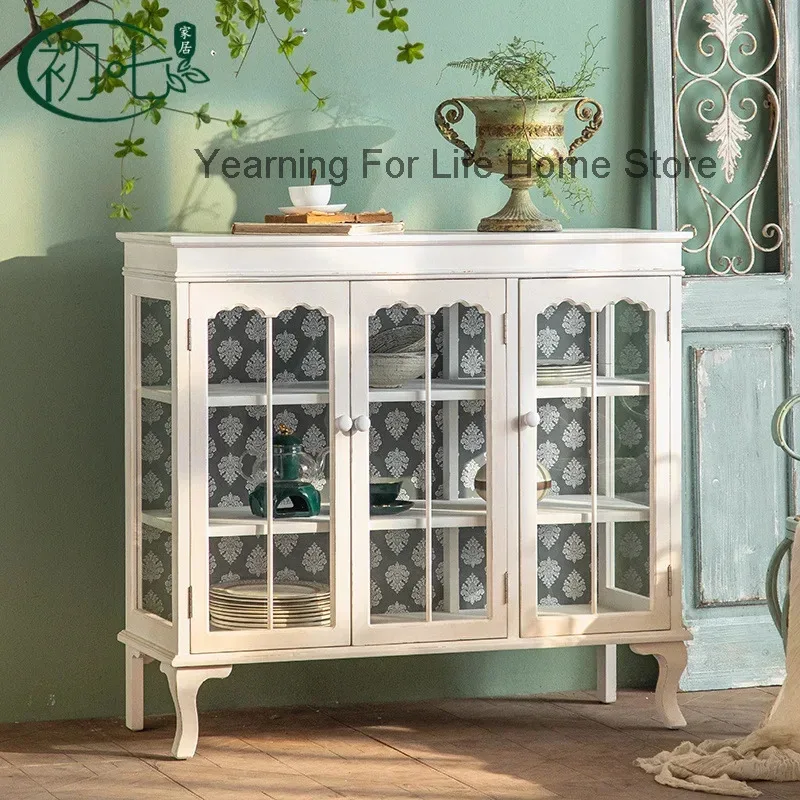 

French Vintage Living Room Cabinet Sideboard Buffet Console Cabinet Coffee Bar Storage with Rattan Decorated Comodas Con Cajones
